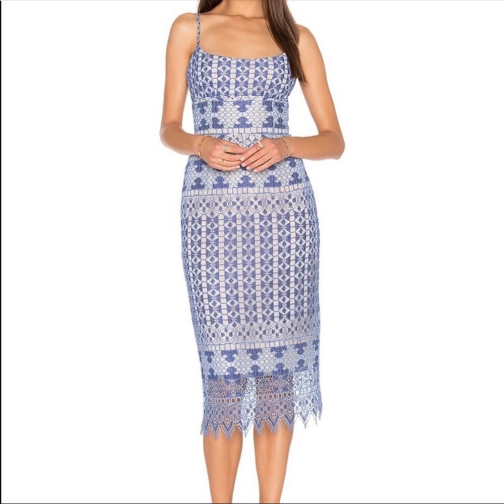 BCBGMAXAZRIA Alese Geometric Lace Midi Dress!